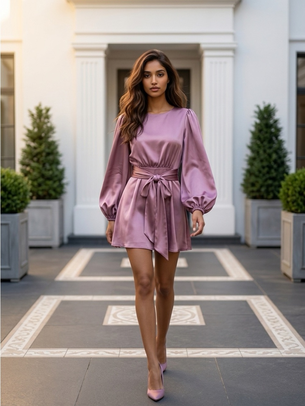 Petal & Pup Satin Tie-Waist Mini Dress - Dusty Mauve